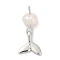 Natural Cultured Freshwater Pearl & Brass Pendants, Fish Charms, Rack Plating, Cadmium Free & Lead Free, Long-Lasting Plated, Platinum, 21.5x9.5x5mm, Hole: 2mm