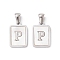304 Stainless Steel Pave Shell Pendants, Rectangle Charm, Stainless Steel Color, Letter P, 17.5x12x1.5mm, Hole: 3x5mm