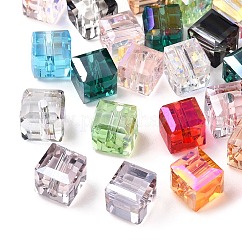 Perle di vetro trasparente sfaccettate, cubo, colore misto, 7x7x7mm, Foro: 1.4 mm
