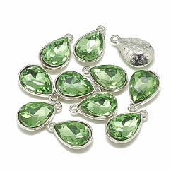 Ciondoli vetro della lega, sfaccettato, lacrima, platino, verde chiaro, 14.5x9x5mm, Foro: 1.5 mm
