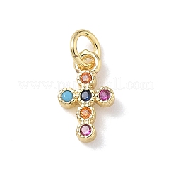 Adornos de latón micropavé de circonia cúbica, charms cruz, chapado en rack, Plateado de larga duración, sin plomo y cadmio, real 18k chapado en oro, colorido, 12x7x2mm, agujero: 3.5 mm