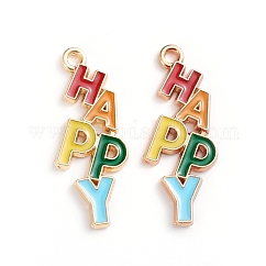 Colgantes de esmalte de aleación, con la palabra feliz, la luz de oro, colorido, 29x11.2x1.8mm, agujero: 1.6 mm
