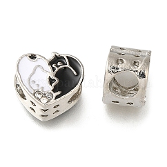Portapacchi in lega dello smalto di placcatura perline europei, con strass, perline con foro grande, cuore con il gatto, platino, 10.5x12.5x7.5mm, Foro: 5 mm