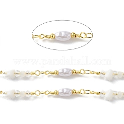 Chaînes à maillons en perles de verre en laiton avec perles d'imitation ABS&nbsp;CHS-P016-39G-04