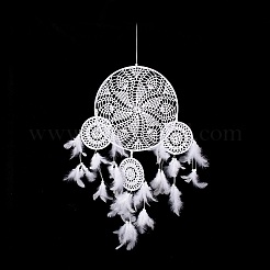 Rete/ragnatela intrecciata in cotone rotondo fatta a mano con decorazione da appendere alla parete con piume&nbsp;HJEW-G015-06A