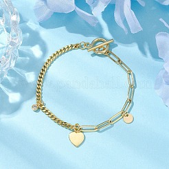 Braccialetti piatti rotondi e con ciondoli a cuore in ottone con zirconi trasparenti&nbsp;BJEW-JB10396