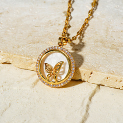 Colliers à chaîne plate avec pendentif papillon rond en laiton et zircone cubique transparent pour femmes&nbsp;LS-WA9125