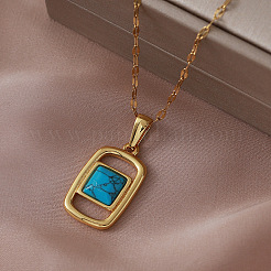 Colliers pendentifs rectangulaires vintage en acier inoxydable 304 et turquoise synthétique pour femmes&nbsp;YS1468