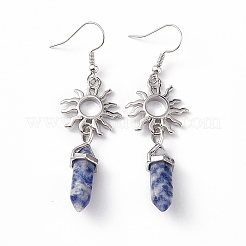 Pallottola di diaspro blu naturale con orecchini pendenti a forma di sole&nbsp;EJEW-I276-01P-15