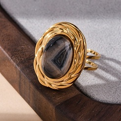 Bagues ovales en agate naturelle à bandes&nbsp;RJEW-M063-01G-14
