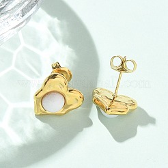 Natürliche weiße Jade & Ionenbeschichtung (IP) 304 Edelstahl Herz Ohrstecker&nbsp;EJEW-A118-04G-04