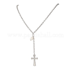 Kreuz aus Edelstahl 304 mit Anhänger aus Reiskorn und Naturperlen an einer Kabelkette (Y-Halskette)&nbsp;NJEW-JN05784