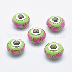 Handgemachte  europäischen Fimo-Perlen, mit versilberten Messingkernen, Großloch perlen, Rondell, neon rosa , 13~16x8~11 mm, Bohrung: 4.5~5 mm