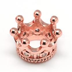 Estante de chapado de metal micro pavimentan abalorios de circonio cúbico, corona, Abalorios de grande agujero, Plateado de larga duración, oro rosa, 11x7mm, agujero: 6 mm