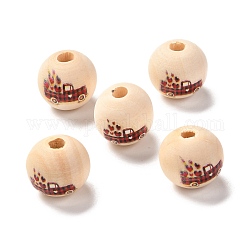 Printed Wood European Beads, Large Hole Beads, Round with Car and Heart Pattern, FireBrick, 16x15mm, Hole: 4mm
