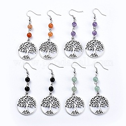 Tibetan Style Alloy Dangle Earrings, with Natural Gemstone Beads and Iron Earring Hooks, Flat Round with Tree of Life, 71.5mm, Pin: 0.6mm