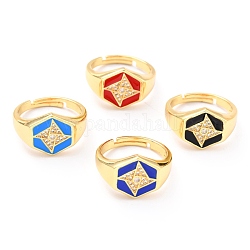 Adjustable Real 18K Gold Plated Brass Enamel Finger Ringss, with Clear Cubic Zirconia, Hexagon with Windmill, Mixed Color, Inner Diameter: 18mm