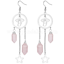 Boucles d'oreilles chandelier en quartz rose naturel, 304 boucles d'oreilles pendantes champignon et étoile en acier inoxydable pour femme, couleur inoxydable, 97x25mm, pin: 0.7 mm