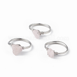 Bague en copeaux de quartz rose naturel, bijoux en fil de laiton platine pour femmes, diamètre intérieur: 18 mm