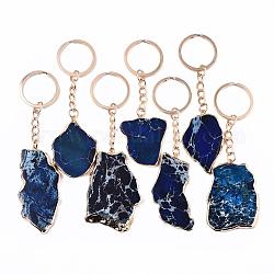 Natural Regalite/Imperial Jasper/Sea Sediment Jasper Keychain, with Golden Plated Edge & Light Gold Stainless Steel Split Key Rings, Dyed, Nuggets, Marine Blue, 92~110mm