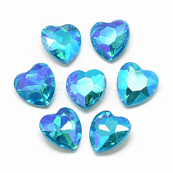 Pointed Back Glass Rhinestone Cabochons, Faceted, Back Plated, AB Color Plated, Heart, Deep Sky Blue, 12.2x11.8x5mm
