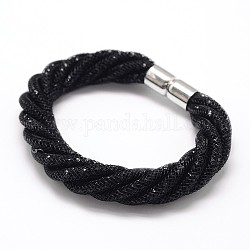 Bracelets fil net de la moelle en plastique à la mode, avec strass de résine et laiton de tonalité de platine fermoirs magnétiques, noir, 220x13mm