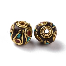 Perles Indonésiennes manuelles, avec les accessoires en laiton, Or antique, rondelle, turquoise foncé, 11x11mm, Trou: 1.8mm
