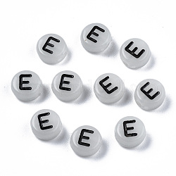 Acryl-Perlen, mit Emaille und leuchtend, horizontales Loch, flach rund mit schwarzem Buchstaben, Leuchten im Dunkeln, lichtgrau, letter.e, 7x3.5 mm, Bohrung: 1.5 mm, ca. 3600~3700 Stk. / 500 g