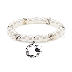 ABS Plastic Imitation Pearl  & Rhinestone Beaded Stretch Bracelet with Alloy Charm for Women, White, Star Pattern, Pendant: 20x18x2mm, Inner Diameter: 2-1/8 inch(5.3cm)