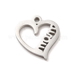 Mother's Day Theme 304 Stainless Steel Pendants, Stainless Steel Color, Heart with Word Mom Charms, Heart, 14.5x13.5x1.3mm, Hole: 1.5mm