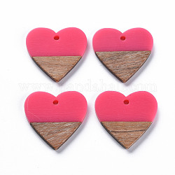 Ciondoli in resina opaca e legno di noce, Two Tone, cuore, rosa caldo, 24x25x3mm, Foro: 2 mm