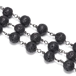 Chaînes de perles de pierre de lave naturelles faites à la main de 3.28 pied, non soudée, avec les accessoires en laiton, ronde, gunmetal, 6mm