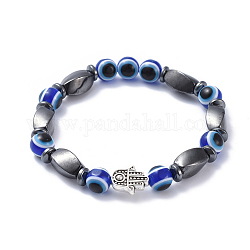 Braccialetti elastici perline in resina malocchio, con perle di ematite sintetica non magnetica e perle di lega in stile tibetano, mano di hamsa / mano di fatima / mano di miriam, blu, 2-1/4 pollice (5.7 cm)