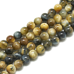 Chapelets de perles d'œil de tigre naturel, teinte, ronde, verge d'or, 4mm, Trou: 0.5mm, Environ 90~91 pcs/chapelet, 14.56~14.76 pouce