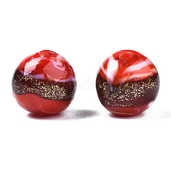 Perles vernissées de sable d'or manuelles , ronde, rouge-orange, 9~10x8~10mm, Trou: 1.6mm