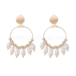 Natural Pearl Dangle Stud Earrings, Brass Big Ring Drop Earrings for Women, Golden, 59mm, Pin: 0.7mm