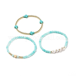3pcs 3 style jade blanc naturel & turquoise synthétique & hématite perlé ensemble de bracelets extensibles, bracelets word love avec coeur et croix pour femme, turquoise, diamètre intérieur: 2-1/4 pouce (5.8 cm), 1pc / style