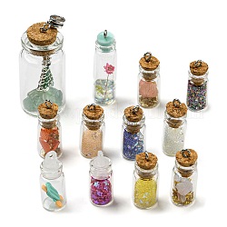Colgantes de botellas de vidrio, amuletos de botellas de deseos con resina/acrílico/flor seca en el interior, color mezclado, 30~45x11~21.5mm, agujero: 2~4.8 mm