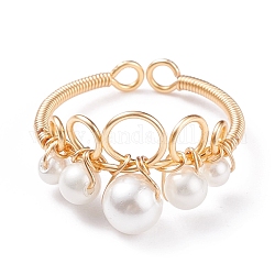 Anello a polsino aperto con corona intrecciata con perle di conchiglia, gioielli avvolgenti in filo di rame per le donne, oro, misura degli stati uniti 8 (18.1mm)