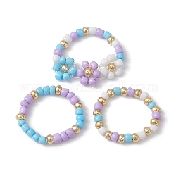 Ensemble d'anneaux extensibles en perles de verre, 3 pièce, 3 styles, anneaux empilables de fleurs, lilas, nous taille 7 1/4 (17.5mm), 1pc / style