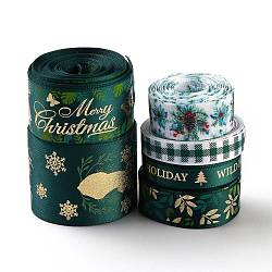 6 rouleau de ruban de satin de Noël, nervure de polyester, pour faire de l'artisanat, paquet cadeau, Motif à thème de Noël, vert foncé, 10~39mm, environ 5 yards / rouleau (4.57m / roll), 6 rouleaux / ensemble