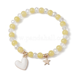 Verre rond perles bracelets extensibles, avec aile en alliage et 304 breloque coeur en acier inoxydable, kaki clair, diamètre intérieur: 2-1/8 pouce (5.4 cm)