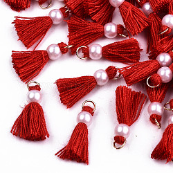 Décorations pendentif pompon en polycoton (coton polyester), mini pompon, avec des embouts en fer doré et une imitation de perle en plastique ABS, rouge, 23mm, anneau de jonction: 5x0.8mm, 3.4 mm de diamètre intérieur 