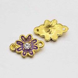 Conectores de enlaces de flores de esmalte de rhinestone de aleación de tono dorado, violeta oscuro, 17x12x4mm, agujero: 1 mm