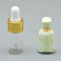 Facettierte Anhänger für Parfümflaschen aus natürlicher Zitronenjade zum Öffnen, mit Messingfunden und Glasflaschen mit ätherischen Ölen, 30~40x14~18x11~14 mm, Bohrung: 0.8 mm, Fassungsvermögen der Glasflasche: 3 ml (0.101 fl. oz), Edelsteinkapazität: 1 ml (0.03 fl. oz)