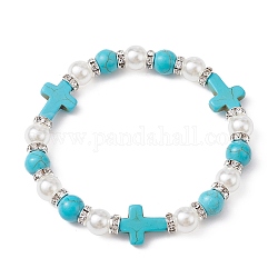 Synthetic Turquoise Cross & ABS Plastic Pearl Beaded Stretch Bracelet, Inner Diameter: 2-1/2 inch(6.3cm)