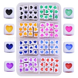280Pcs 8 Colors Opaque White Acrylic European Beads, Large Hole Cube Beads, with Heart Pattern, Mixed Color, 7x7x7mm, Hole: 4mm, 35pcs/color