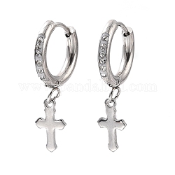 6Pairs Crystal Rhinestone Cross Dangle Hoop Earrings with 304 Stainless Steel Pin for Women, Stainless Steel Color, 29mm, Pin: 1mm