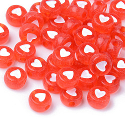Abalorios de acrílico transparentes, plano redondo con corazón blanco, rojo, 7x3.5mm, agujero: 1.8 mm, aproximamente 3700 unidades / 500 g