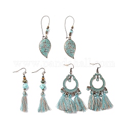 3 Pairs 3 Style Flat Round & Leaf Alloy Enamel Dangle Earrings with Synthetic Turquoise, Bohemian Big Cotton Tassels Drop Earrings with Wood Beads for Women, Cyan, 70~82mm, 1 Pair/style